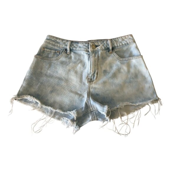 PacSun High Rise Light Wash Denim Cut-Off Distressed Booty Shorts Waist 25 - Picture 1 of 9